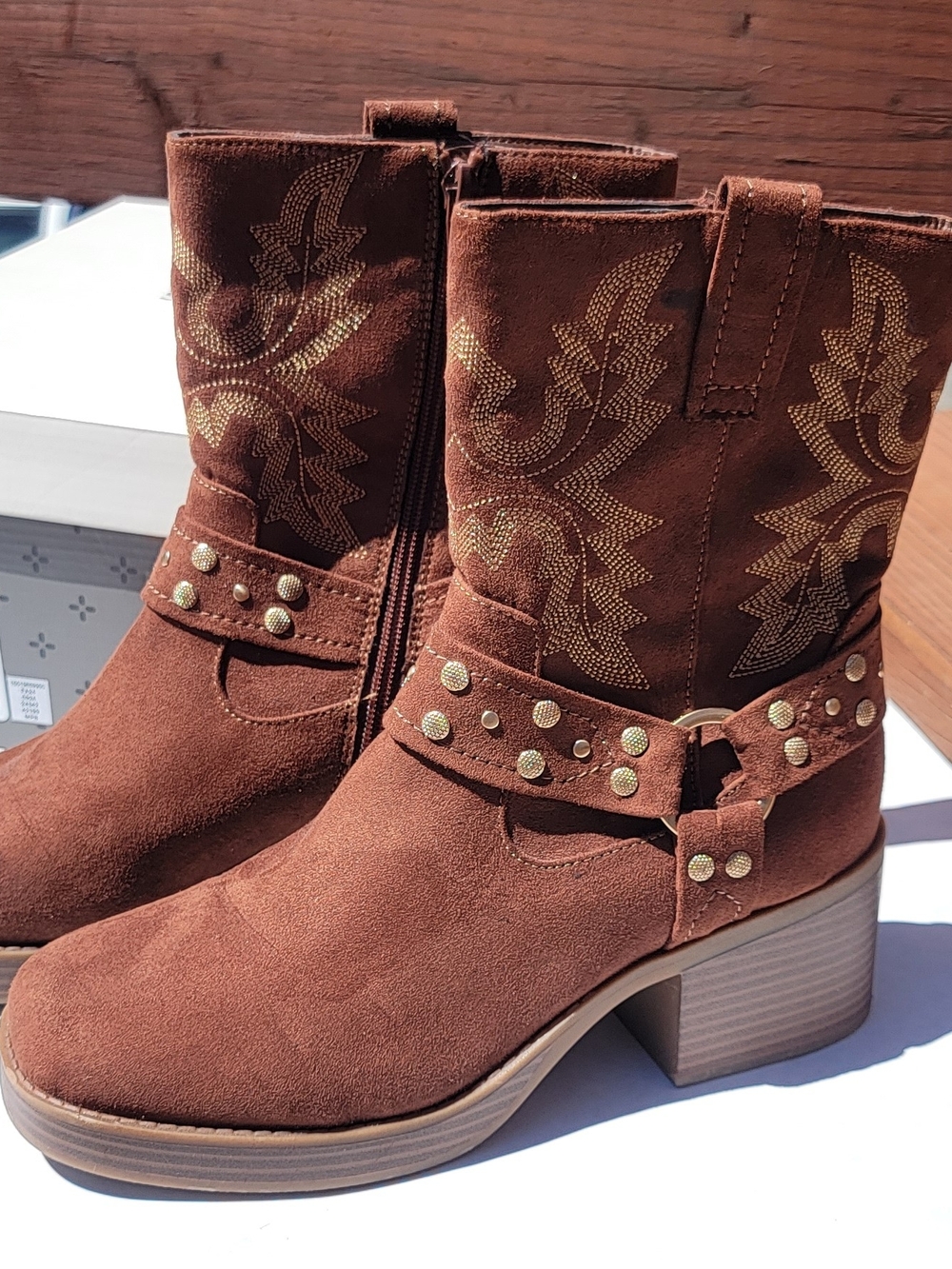 Sun + Stone Rust Brown Suede Studded Western Mid-Calf Boots - Picture 3 of 10